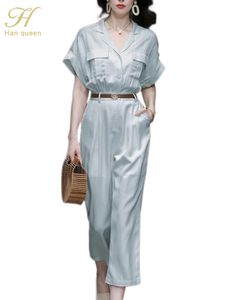 Women's Jumpsuits Rompers H Han Queen Summer Elegant Fashion Pocket Jumpsuits Women Simple Trousers Long Playsuits Short Sleeve Casual Office Rompers 230616