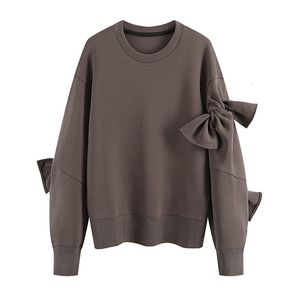 Women's Hoodies Sweatshirts Autumn Woman's Kawaii Bow Hoodies Oversize Female Crew Neck Coffee Loose Solid Casual Warm Women Long Sleeve Sweatshirts 230615