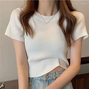 Kvinnors T-skjortor Summer Slim Thin Round Neck Solid Color Sticked Short-Sleeved Pullover T-Shirt Spring and Autumn Fashion Bottoming Top 2023