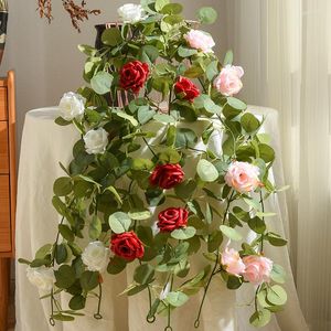Flores decorativas rosa guirlanda artificial casamento romântico decoração para casa flor de seda corda pendurada na parede videiras acessórios de mesa de festa