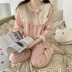 Kadınların Pijama Sonbahar Ruffles Bow Tie Uzun Kollu Nakış Dantel İşçiliği Gevşek Homewear 2 Parça Set Kadınlar Pijama Pamuk Pantolon L352