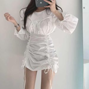 Casual Dresses 2023 Autumn Dress One Piece Vintage Loose High Waist Was Thin Elegant Irregular Drawstring Puff Sleeve Women's Clothing