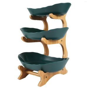 Plates 3 Tiers Fruit Plate With Wood Holder Candy Kitchen Organizer Rack Party Serving Display Tray Green