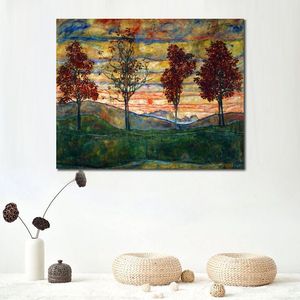 Kolorowy abstrakcyjny obraz na płótnie cztery drzewa Egon Schiele Art Unikalny ręcznie wykonany grafika