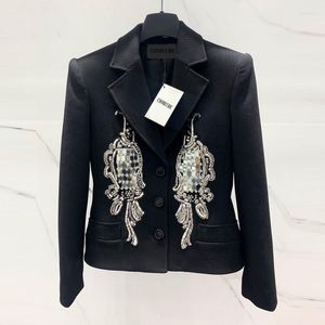Women's Jackets 23Vintage Wool Black Jacket Fashion Runway Single Breasted Bead Embroidered Coat Temperament Chic High Quality Clothes For
