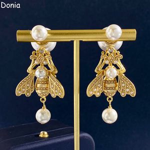 Donia jewelry European and American court retro bee titanium steel micro-inlaid AAA zircon silver needle luxury pearl earrings