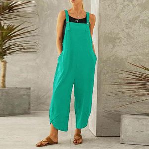 Women's Jumpsuits Rompers Women Large Cotton Linen Strap Loose Jumpsuit Summer Casual Wide Leg Ankle Length Fashion Jumpsuit Solid Color Pockets Romper 230615