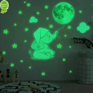 New 1set Cartoon Elephant Moon Luminous Sticker Glow In The Dark Wall Stickers For Baby Kids Room Bedroom Home Decoration Wall Decal