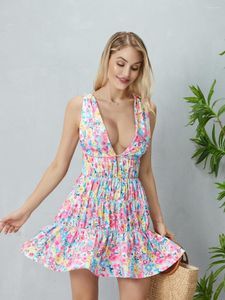 Casual Dresses Wsevypo Boho Summer Floral Print Mini Dress Women Sleeveless Deep V-Neck A-Line Beach Holiday Tie-Up Backless Tank