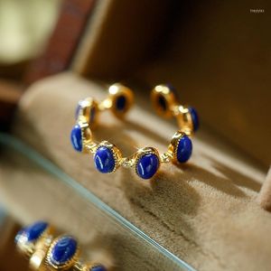 Cluster Rings Vintage Natural Stone Ring Lapis Lazuli Boho Open Joint Adjustable Woman Men Gold-plated Silver Jewelry Accessor