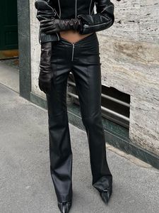 Women's Pants Leather Flare Women Fall Winter High Waist PU Casual Woman Trousers Chic Zip Up Rise Black Long Pant Female Streetwear