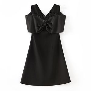 2023 Summer Black Solid Color Ribbon Tie Bowknot Dress Kort ärm V-ringad pärlor med knälängd Casual Dresses W3L042202