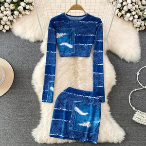 Work Dresses Jeans Skirt Suits Streetwear Fashion Frayed Denim Pullover Long Sleeve Crop Top And Mini Two Piece Set