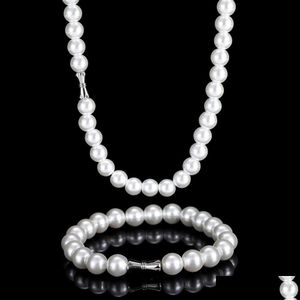 Bracelet Necklace Pearl Beads For Men With Chain Bracelets 6Mm 8Mm 10Mm 12Mm Jewelry Set Women Father Boyfriend Gift Drop Delivery Dhpyt