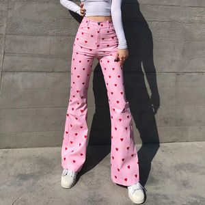 Spodnie damskie Capris Red Heart Print Pink Flare Dżinsy Y2K Spodnie Kawaii Sweet High Taist Slim Women Casaul Streetwear Denim Spodni Hipper Bottoms 230615