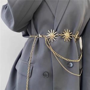 Other Fashion Accessories Women Fashion Metal Chain Belt Gold Silver Narrow Chunky Fringes Sun Pendant Hip High Waist Chain Female Dress Jeans Waistband 230615