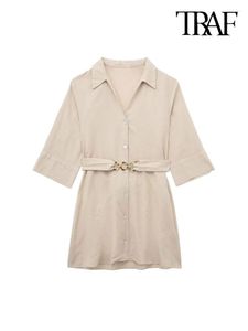 Casual Dresses Women Fashion with Belt Linen Mini Dress Vintage Three Quarter Sleeves Front Button Female Vestidos Mujer