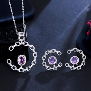 Halsbandörhängen Set ThreeGrace Trendy Purple Cubic Zirconia Silver Color Pendant and For Women Party Costume Jewelry JS537