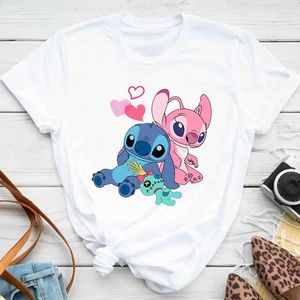 Camisetas masculinas Stitch Shirt Feminina Gráfico Verão Branco Manga Curta Tops Kawaii Desenhos Animados Roupas Femininas