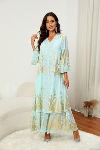 Ethnic Clothing Muslin Dress Elegant Long Sleeves Dubai V-neck Eid Mubarak Kaftan Gold Plated Pearl Chiffon Large Flower Moss