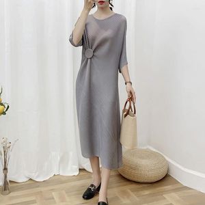 Party Dresses Miyake Pleated Plus Size Clothing For Women 2023 Summer Solid Folded Elegant Casual Black Long Dress