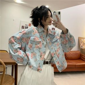 Women's Jackets Vintage Print Jeans Loose Casual Long Jacket Single Breasted Short Floral Women's Cropped Denim Coat Female Sleeve