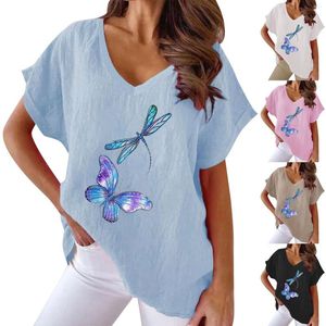 Kvinnors T -skjortor Kvinnor Short Sleeve Butterfly Print V Neck Loose Casual Shirt Tee Graphic Ladies Tees and Tops Long