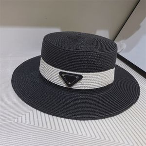 Women Flat Top Hat Color Matching Straw Hats Obvious Brand Triangle Logo Four Colors Elegant Seaside Wear Matching Accessories Bucket Cap