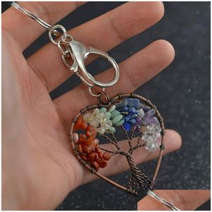 Kluczowe pierścienie Tree of Life 7 Chakra Crystal Semiprecious Natural Stone Heart Biekułki Uzdrawianie zawiesi dla kobiet mężczyzn Mode Masher Dhmwg