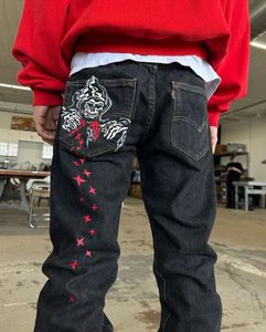 Jeans Masculino Rap Hip Hop Baggy Street Moda Estampa Demônio Preto Solto Board Calça Denim Y2k Gótico Larga Perna Reta 230615