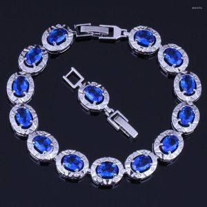 Bangle Precious Oval Blue Cubic Zirconia Silver Plated Link Chain Armband 18cm 20cm V0224