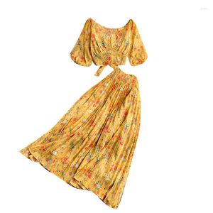 Vestidos de trabalho Primavera Summer Mulheres férias conjuntos de chiffon floral doce e alta saia longa da cintura