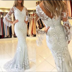 Elegant V-neck Long Sleeves Mermaid Prom Dress With Lace Embroidery Evening Gowns Custom Made Floor Length Zipper Back 2023