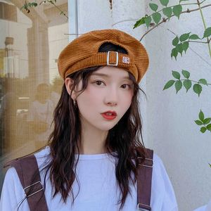 Berets Harajuku Corduroy Beret Hats Women Girl's Vintage Artist Painter Hat Winter Autumn Embroidery K Wool Octagonal cap adjust Z0616