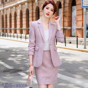 Two Piece Dress Temperament Women's Suit Pants Two-piece Professional Wear Autumn and Winter Plaid Ladies Jacket Casual Skirt High Quality 210527