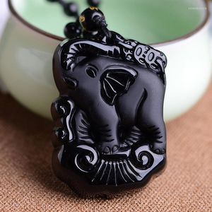 Hänge halsband energi verkligt kinesiskt handarbete naturlig svart obsidian snidad söt elefant amulett lyckliga halsband mode smycken smycken