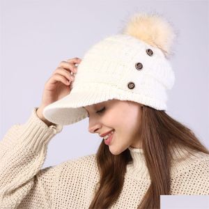 Cloches Knit Winter Warm Fleece Lined Button Hat Cap Fur Ball Baseball Skl Caps With Brim Women Hats Fashion Accessories Will And Sa Dheed