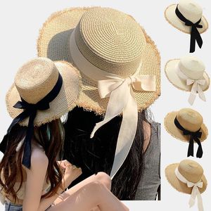 Chapéus largos Brim Summer Classic Bow tiche Ribbon Stravo para mulheres meninas elegante redondo -telhado chapéu de sol feminino fedora Panamá Cap