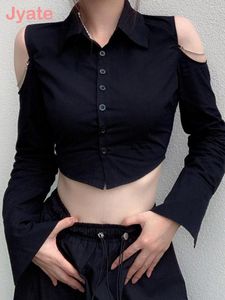 Camicette da donna Jyate Y2k Streetwear Cardigan Camicie Donna Autunno Vintage Chic Catene Manica lunga Nero Donna Harajuku Estetico Blusas