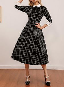 Sıradan elbiseler zarif bayanlar vestido bahar sonbahar kadın moda uzun kollu siyah beyaz ekose basılı vintage retro 50s bir çizgi parti elbise