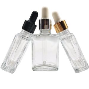 2021 30ml Flat Square Glass Dropper Bottle Empty Essential Oil Bottle with Silver Golden Black Cap