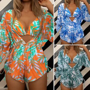 Women's Swimwear Sexy Print Halter Triangle Bikini Swimsuit For Women 3 Pieces Cover Up Beach Wear Bikinis Set Female Bathing Suit