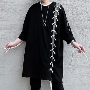 Mäns T-skjortor Kina-chic designkänsla Små T-shirt Män lös mode Kort ärm Eyelet Drawstring Fried Street Top