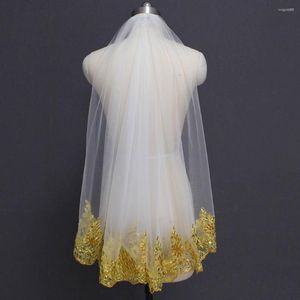 Bridal Veils Gold Lace White Ivory Tulle Short Wedding Veil With Comb Bling Sequins One Layer Voile De Mariee