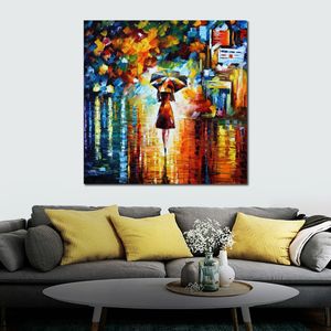 Modern Impression Canvas Art Rain Princess Contemporary Oil Painting Street Handmade Restaurant Decor