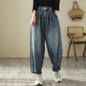 Kvinnors jeans vår mode kvinnors retro baggy korea stil elastisk midja fast färg enkel mångsidig casual denim byxor dagligen byxa