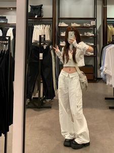 Women's Jeans Cuffed Washed White Cargo Pants Retro High Waist Loose Wide Leg Women American Style Girl Casual Straight