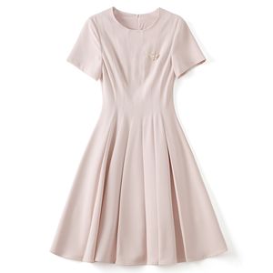 2023 Summer Pink Solid Color Dress Kort ärm Runda nacken knälängd Casual Dresses W3L041802