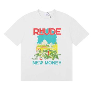 Men's T-Shirts Top Craftsmanship Rhudes summer Fashion 2023 RHUDE Windowsil Castle Coconut Tree Window Sill Landscape Double Yarn Pure Cotton Casual