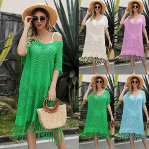 Party Dresses Beach Women 2023 Loose Fashion Sticking Dress with Tassels Short Sleeve V Neck Pullover A Line Storlekskläder